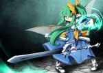  1girl bow daiyousei fairy_wings green_eyes green_hair hair_bow long_hair pointy_ears sasasa_(nashi) side_ponytail solo sword touhou weapon wings 