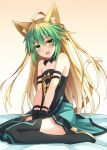  1girl ahoge animal_ears archer_of_red armlet bare_shoulders black_dress black_legwear blonde_hair blush boots cat_ears commentary_request dress fang fate/apocrypha fate/grand_order fate/stay_night fate_(series) flat_chest gloves gradient_hair green_eyes green_hair highres kuzuyu long_hair looking_at_viewer multicolored_hair open_mouth sitting solo tail thigh-highs thigh_boots two-tone_hair wariza 