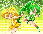  2girls :d bike_shorts blonde_hair bow brooch character_name choker cure_march cure_peace double_v full_body gradient gradient_background green_background green_bow green_eyes green_hair green_skirt jewelry kagami_chihiro kise_yayoi long_hair magical_girl midorikawa_nao multiple_girls open_mouth ponytail precure shoes shorts_under_skirt skirt smile smile_precure! tri_tails v wrist_cuffs yellow_background yellow_bow yellow_eyes yellow_skirt 