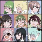  3_3 adjusting_glasses asashimo_(kantai_collection) bespectacled black_hair blue_eyes braid brown_eyes brown_hair fang glasses glasses_removed gloves green_eyes green_hair hayashimo_(kantai_collection) kantai_collection kazagumo_(kantai_collection) kiyoshimo_(kantai_collection) long_hair makigumo_(kantai_collection) musashi_(kantai_collection) naganami_(kantai_collection) okinami_(kantai_collection) pen pink_hair ponytail school_uniform short_hair silver_hair smile sunglasses takanami_(kantai_collection) waruhara yuugumo_(kantai_collection) 