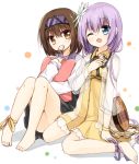  2girls ankle_ribbon bangs barefoot biwa_lute blue_eyes brown_eyes brown_hair chain dress eating eyebrows eyebrows_visible_through_hair hair_between_eyes hairband instrument long_sleeves looking_at_viewer lute_(instrument) multiple_girls one_eye_closed purple_hair ribbon see-through short_hair simple_background sitting touhou tsukumo_benben tsukumo_yatsuhashi white_background yuuhagi_(amaretto-no-natsu) 