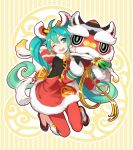  1girl ahoge chinese_clothes fur_trim green_eyes green_hair hatsune_miku highres lion_dance long_hair nail_polish one_eye_closed open_mouth solo twintails verus very_long_hair vocaloid 