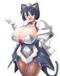  1girl animal_ears apron blue_hair blush breasts cat_ears cat_tail choker cleavage highres huge_breasts maid maid_headdress mecha_musume naniwadou open_mouth sanada_(ufo_princess_valkyrie) short_hair smile solo tail ufo_princess_valkyrie wrist_cuffs 