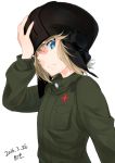  1girl adjusting_clothes adjusting_hat artist_name blonde_hair blue_eyes dated from_side girls_und_panzer hat helmet hitsuki_(akifumi) katyusha long_sleeves looking_at_viewer short_hair short_jumpsuit signature solo upper_body white_background 