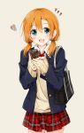  1girl :d alternate_hairstyle bag blue_eyes cowboy_shot heart holding_can kousaka_honoka long_sleeves looking_at_viewer love_live!_school_idol_project low_twintails open_mouth orange_hair plaid plaid_skirt pleated_skirt red_skirt school_bag shiina_kuro shoulder_bag simple_background skirt sleeves_past_wrists smile solo standing twintails white_background 
