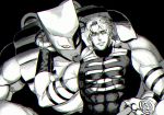  1boy abs birthmark chromatic_aberration clenched_teeth dio_brando ega_(pirorinpa) fangs jojo_no_kimyou_na_bouken male_focus monochrome muscle spot_color stand_(jojo) teeth the_world turtleneck wristband yellow_eyes 