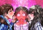  3girls @_@ black_hair blue_eyes blush body_blush bow brown_eyes brown_hair full-face_blush hair_bow hairband idolmaster idolmaster_cinderella_girls long_hair multiple_girls nitta_minami open_mouth sagisawa_fumika sweat tachibana_arisu warainaku whispering 