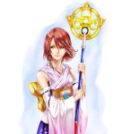  1girl blue_eyes bra brown_hair decom detached_sleeves final_fantasy final_fantasy_x green_eyes hair_ornament hakama heterochromia japanese_clothes jewelry necklace short_hair smile solo staff underwear wand white_background yuna_(ff10) 