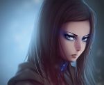  1girl black_hair blue_eyes brooch brown_coat closed_mouth coat ergo_proxy expressionless eyeshadow face gem highres jewelry lips makeup naoko_(naoko00) real_mayer sapphire_(stone) solo upper_body 