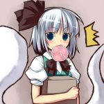 /\/\/\ 1girl black_bow black_ribbon blue_eyes blush bow bowtie commentary_request food food_in_mouth hair_ribbon hairband hitodama konpaku_youmu konpaku_youmu_(ghost) looking_at_viewer meat mouth_hold puffy_short_sleeves puffy_sleeves ribbon saemon_(tonpura) short_hair short_sleeves silver_hair solo touhou upper_body vest 