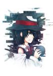  androgynous big_hat black_hair bow detached_sleeves enraku_tsubakura grey_eyes hat len&#039;en red_ribbon ribbon short_hair sphere top_hat upper_body yamanoskk 