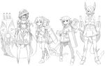  4girls anchor crossed_arms fang flat_chest frown hair_ornament hairclip hands_in_pockets hands_on_own_chest height_difference hood hoodie ikazuchi_(kantai_collection) inazuma_(kantai_collection) kantai_collection katari_(ropiropi) kneehighs looking_at_viewer mechanical_tail monochrome multiple_girls o-ring_top pantyhose ponytail re-class_battleship scarf school_uniform shaded_face sharp_teeth shinkaisei-kan short_hair smile sword tail teeth tenryuu_(kantai_collection) thigh-highs weapon 