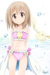  1girl bikini brown_eyes brown_hair collarbone hanami_yuzuka highres kem_kem looking_at_viewer mahou_shoujo_nante_mou_ii_desukara. miton navel short_hair showgirl_skirt simple_background standing swimsuit water 