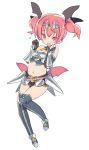  1girl armor blade_(galaxist) blush emelia_pris fingerless_gloves gloves hair_ribbon navel open_mouth pink_eyes pink_hair pointy_ears pop-up_story ribbon short_hair short_twintails simple_background smile solo thigh-highs twintails white_background 