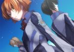  1girl 2boys black_hair blue_background brown_eyes brown_hair cropped_jacket jacket long_hair long_sleeves makabe_kazuki minashiro_soushi multiple_boys orange_hair parted_lips short_hair soukyuu_no_fafner standing toomi_maya uniform wae 