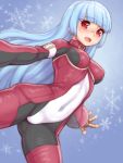  1girl :d arm_belt bangs blue_background blue_hair blunt_bangs blush bodysuit breasts collar commentary_request covered_navel folks_(nabokof) kula_diamond long_hair open_mouth outstretched_arms red_eyes smile snowflake_background solo the_king_of_fighters the_king_of_fighters_xiv very_long_hair 