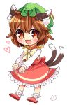  1girl :3 animal_ears brown_eyes brown_hair cat_ears cat_tail chen commentary_request fang green_hat hat heart ibarashiro_natou jewelry long_sleeves mob_cap multiple_tails nekomata single_earring solo tail touhou two_tails 
