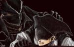  1boy 1girl artist_name black_hair blindfold blood blood_on_face bloodborne bloody_clothes bloody_nose chain clenched_hand clenched_teeth commentary_request face_mask hand_on_another&#039;s_head hat highres hunter_(bloodborne) mask simple_background takigi_(takigi-bf) teeth yurie_the_last_scholar 