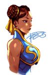  1girl breasts brown_eyes brown_hair chun-li colored commentary completion_time double_bun from_side hair_ribbon highres lips nose portrait ribbon robert_porter sleeveless solo street_fighter street_fighter_zero vest 