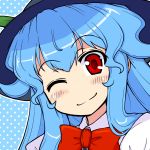  1girl ;) blue_hair blush bow bowtie c: close-up dress_shirt eruru_(erl) halftone halftone_background hat head_tilt highres hinanawi_tenshi leaf long_hair looking_at_viewer one_eye_closed red_eyes shirt smile solo touhou wavy_hair 