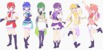  6+girls :d ankle_boots armlet bangs belt bike_shorts black_legwear blonde_hair blue_eyes blue_hair boots bow choker crop_top crown epaulettes f6 fingerless_gloves fist_pump full_body genderswap gloves green_hair hair_between_eyes hair_bow hair_ribbon hand_on_hip hand_on_own_chin heiwa_(murasiho) highres jacket jewelry knee_boots leg_up long_hair low_twintails matsuno_choromatsu matsuno_ichimatsu matsuno_juushimatsu matsuno_karamatsu matsuno_osomatsu matsuno_todomatsu midriff mini_crown mtf multiple_girls navel neckerchief necklace open_clothes open_jacket open_mouth open_vest osomatsu-kun osomatsu-san pleated_skirt purple_hair red_eyes redhead ribbon salute sash scarf sextuplets short_hair shorts siblings side_slit simple_background sisters skirt smile standing suspenders thigh-highs twintails vest violet_eyes wavy_hair white_background 