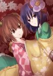  2girls :o bell commentary_request floral_background floral_print flower hair_bell hair_flower hair_ornament hieda_no_akyuu janne_cherry japanese_clothes long_sleeves looking_at_viewer motoori_kosuzu multiple_girls short_hair touhou upper_body wide_sleeves 