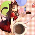  1girl alternate_costume animal_ears artist_request bell bell_choker blue_eyes brown_hair cake cat_ears cat_tail choker corset dress drink fate/stay_night fate_(series) food highres kemonomimi_mode long_hair puffy_short_sleeves puffy_sleeves red_dress short_sleeves smile solo tail toosaka_rin tray two_side_up waitress 
