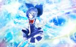  1girl absurdres blue_dress blue_eyes blue_hair blush bow cirno commentary_request dress dress_pull hair_bow hand_up highres ice ice_wings legs looking_to_the_side puffy_short_sleeves puffy_sleeves shirt short_dress short_sleeves sinzan sleeveless sleeveless_dress smile solo sparkle touhou white_shirt wings 