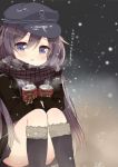 1girl adapted_costume akatsuki_(kantai_collection) anchor can canned_coffee coat commentary convenient_leg flat_cap hat holding kantai_collection long_hair open_mouth pleated_skirt purple_hair rouka_(akatyann) scarf sitting skirt snow snowing solo steam translated violet_eyes 