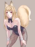  1girl animal_ears blush bow bowtie breasts cleavage detached_collar fishnet_pantyhose fishnets fox_ears fox_tail grey_background leotard long_hair looking_at_viewer original pantyhose playboy_bunny_leotard saba_no_miso_ni simple_background slit_pupils smile solo tail violet_eyes wrist_cuffs 