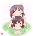  2girls :3 ahoge alternate_hairstyle bare_shoulders bathing black_hair blue_eyes blush blush_stickers breasts brown_hair collarbone commentary_request dated hair_down hand_on_another&#039;s_head hands_on_own_knees highres kanon_(kurogane_knights) kantai_collection large_breasts multiple_girls partially_submerged petting red_eyes shigure_(kantai_collection) short_hair smile steam water yamashiro_(kantai_collection) younger 