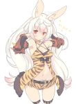  1girl adjusting_hair animal_ears arched_back armor babydoll belt blade_(galaxist) bow breasts choker cleavage fur_trim gradient_hair japanese kirara_ookami long_hair looking_at_viewer low-tied_long_hair multicolored_hair navel pink_hair pop-up_story rabbit_ears red_eyes ribbon short_shorts shorts simple_background solo thigh-highs tiger_print very_long_hair white_background white_hair 