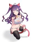  1girl ;3 absurdres ahoge animal_ears bell bell_choker black_legwear blue_eyes breasts cat_cutout cat_ear_panties cat_ears cat_lingerie cat_tail choker cleavage cleavage_cutout highres homil ichinose_shiki idolmaster idolmaster_cinderella_girls kemonomimi_mode long_hair navel panties purple_hair side-tie_panties solo tail thigh-highs underwear white_panties 