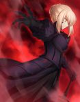  1girl armor armored_dress black_dress blonde_hair braid breastplate dress fate/grand_order fate/stay_night fate_(series) gauntlets highres layered_dress minamina outstretched_arm purple_dress saber saber_alter solo sword weapon yellow_eyes 
