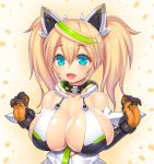  1girl aqua_eyes asamura_hiori bare_shoulders blonde_hair blush breasts cleavage elbow_gloves fang gene_(pso2) gloves green_hair hair_between_eyes highres large_breasts looking_at_viewer multicolored_hair open_mouth phantasy_star phantasy_star_online_2 smile solo twintails 