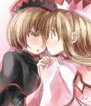  2girls brown_eyes brown_hair capelet dual_persona hand_on_another&#039;s_shoulder hat incipient_kiss lily_black lily_white long_hair multiple_girls open_mouth short_hair touhou upper_body yohane yuri 