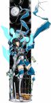  1girl absurdres aqua_eyes armor armored_dress bangs black_hair blunt_bangs boots cross glass gloves highres hourglass koko_shiguma moon original pose short_hair skirt solo standing_on_one_leg sword thigh-highs thigh_boots weapon zettai_ryouiki 