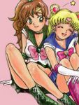  2girls ankle_boots bare_legs bishoujo_senshi_sailor_moon blonde_hair boots brown_hair circlet closed_eyes cross-laced_footwear friends green_boots green_shoes happy kino_makoto legs multiple_girls open_mouth pink_background rikayon_(doktorlicagari) sailor_jupiter sailor_moon sailor_senshi shoes simple_background sitting smile star tsukino_usagi 