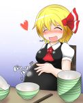  1girl :d ^_^ ascot asheta7 belly_rub big_belly blonde_hair blush bowl bowl_stack breasts chopsticks closed_eyes commentary fat food hair_ribbon happy heart highres is_that_so open_mouth ribbon rumia short_hair smile solo touhou 