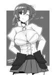  1girl bangs boudica_(fate/grand_order) breasts cleavage cleavage_cutout corset earrings fate/grand_order fate_(series) heart high_collar jewelry juliet_sleeves large_breasts long_sleeves monochrome nagisa_moa one_eye_closed ponytail puffy_sleeves screentones smile solo 