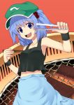  1girl :d armpits bare_shoulders blue_eyes blue_hair breasts chopsticks collarbone commentary_request food grill hair_bobbles hair_ornament hat kawashiro_nitori looking_at_viewer meat navel open_mouth saemon_(tonpura) short_hair sideboob sleeveless smile solo tank_top touhou twintails two_side_up wristband yakiniku 