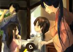  1boy 3girls admiral_(kantai_collection) akagi_(kantai_collection) black_eyes black_hair blush brown_eyes commentary_request failure_penguin glasses hakama hamabossu houshou_(kantai_collection) japanese_clothes kaga_(kantai_collection) kantai_collection long_hair motherly multiple_girls ponytail side_ponytail sleeping smile toothbrush younger 