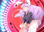  1girl animal_ears bangs blazer breasts collared_shirt commentary_request covered_nipples crescent crescent_moon_pin danmaku ear_clip finger_gun hips impossible_clothes impossible_skirt jacket kikurage_(sugi222) long_hair long_sleeves looking_up necktie pink_skirt purple_hair rabbit_ears red_eyes red_necktie reisen_udongein_inaba serious shirt skirt solo spell_card taut_clothes thighs touhou very_long_hair 