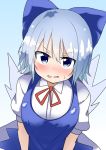  1girl blue_eyes blue_hair blush bow breasts cirno hair_bow highres ice ice_wings open_mouth solo sweat takashi_(nekoro) touhou wavy_mouth wings 