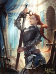  1girl armor blue_eyes braid breastplate commentary freckles full_armor greaves halberd legend_of_the_cryptids lips long_hair nose plate_armor polearm realistic redhead scabbard sheath single_braid solo sword tatiana_kirgetova unsheathing weapon 