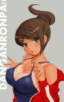  1girl asahina_aoi bangs bare_shoulders blue_eyes breasts brown_hair cleavage clothes_down copyright_name dangan_ronpa dangan_ronpa_1 dark_skin hair_ornament hairclip hijiri_ruka impossible_clothes jacket long_hair medium_breasts open_mouth ponytail red_jacket sideboob simple_background strap_pull swept_bangs tan tank_top tanline upper_body 