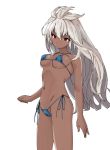  1girl ahoge bikini blue_bikini dark_skin granblue_fantasy iwasaki_takashi long_hair red_eyes side-tie_bikini silver_hair solo swimsuit the_order_grande 