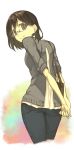  1girl arms_behind_back bag brown_eyes brown_hair denim glasses jeans looking_back pants seu_(hutotomomo) solo standing sweater 