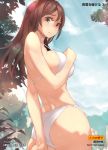  1girl arm_behind_back artist_request ass bikini breasts brown_eyes brown_hair character_request frown large_breasts long_hair monochrome not_for_sale outdoors solo strap_gap swimsuit toranoana white_bikini 