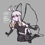  1girl anne_(bravely_second) antenna_hair artist_request bangs black_gloves blunt_bangs blush bravely_default:_flying_fairy bravely_second commentary_request elbow_gloves english fairy fairy_wings full-face_blush full_body gloves highres leotard looking_at_viewer pointy_ears simple_background smile solo thigh-highs white_hair wings 
